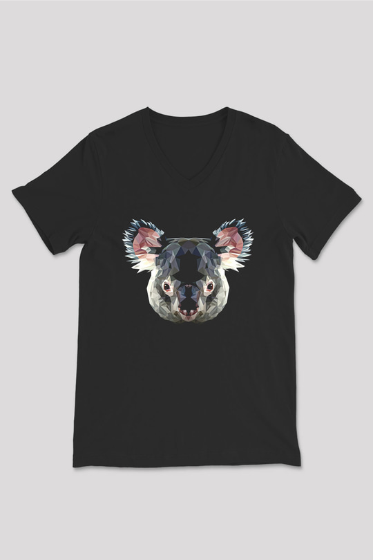 Koala Baskılı Unisex Siyah V Yaka Tişört - Tshirt