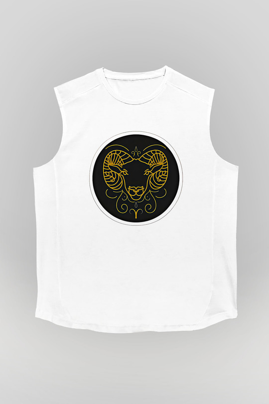 Koç Burcu Baskılı Beyaz Unisex Kolsuz Tişört - Tshirt