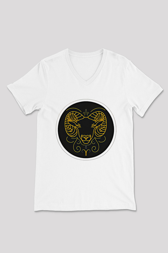 Koç Burcu Baskılı Beyaz Unisex V Yaka Tişört - Tshirt