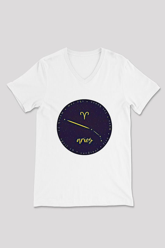 Koç Burcu Baskılı Beyaz Unisex V Yaka Tişört - Tshirt