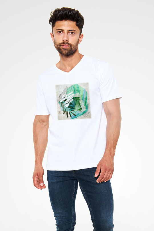 Kolaj Beyaz Unisex V Yaka Tişört T-Shirt