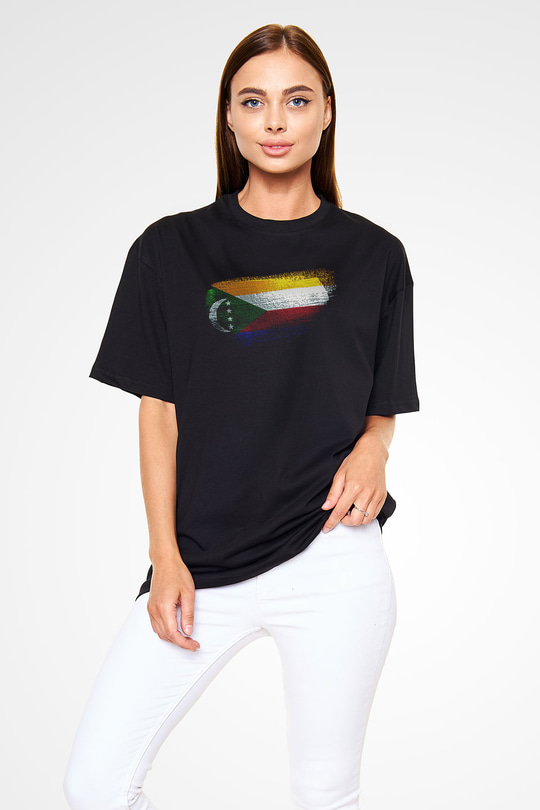 Komorlar - Comoros Bayrağı Baskılı Unisex Siyah Oversize Tişört