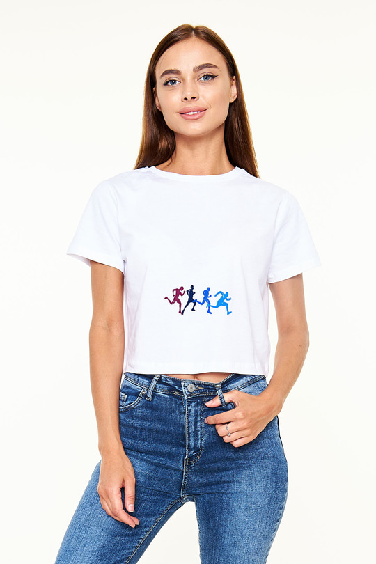 Koşu Baskılı Crop Top Beyaz Tişört - T-shirt