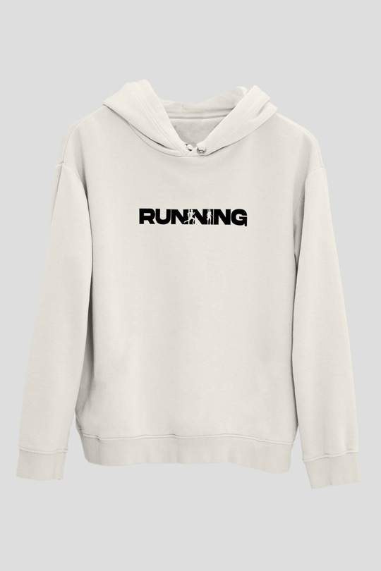 Koşu Baskılı Unisex Ekru Hoodie