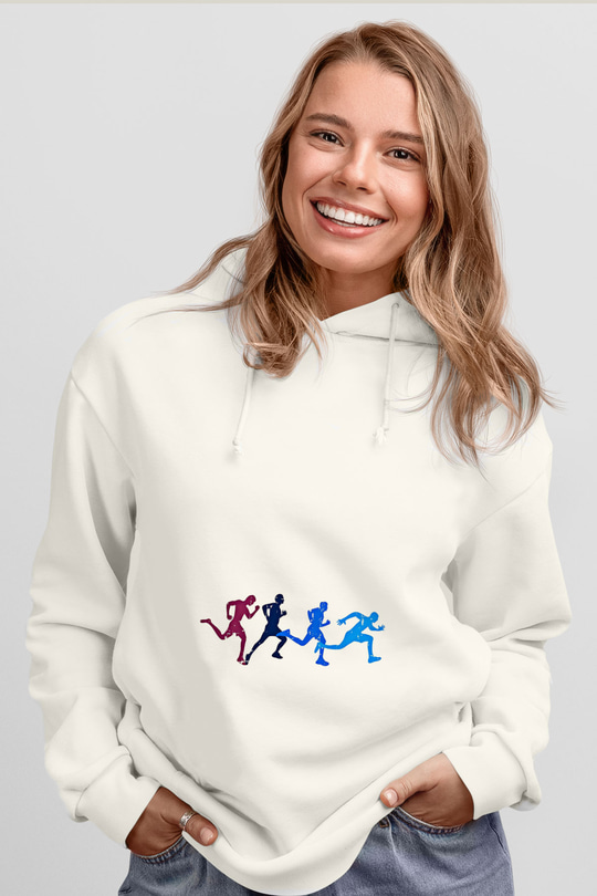 Koşu Baskılı Unisex Ekru Hoodie