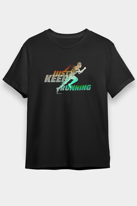 Koşu - Running Baskılı Unisex Siyah Tişört - Tshirt