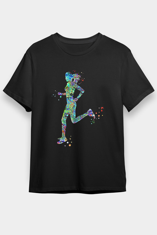 Koşu - Running Baskılı Unisex Siyah Tişört - Tshirt