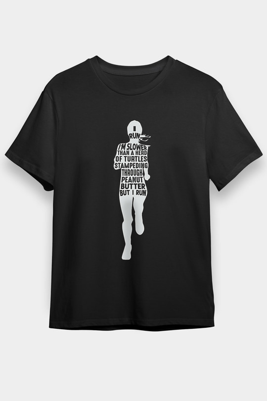 Koşu - Running Baskılı Unisex Siyah Tişört - Tshirt