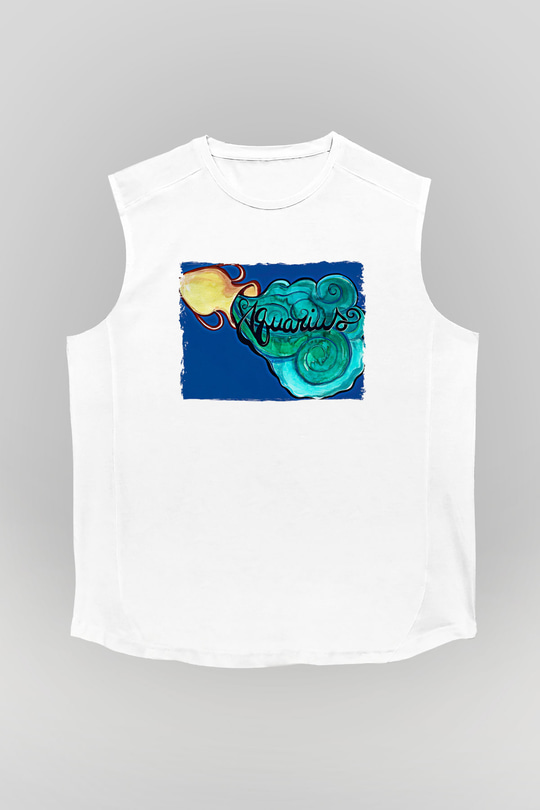 Kova Burcu Baskılı Beyaz Unisex Kolsuz Tişört - Tshirt