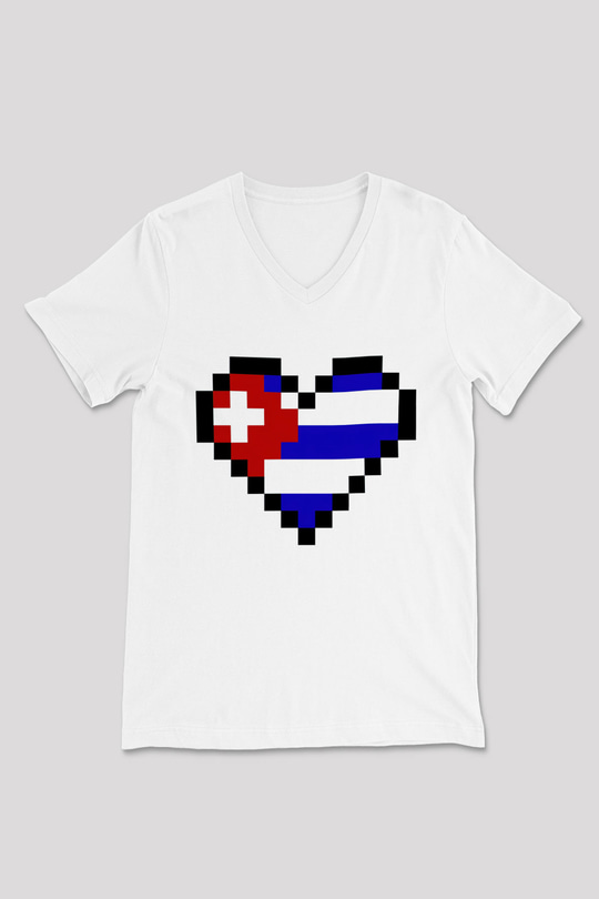 Küba Beyaz Unisex V Yaka Tişört T-Shirt