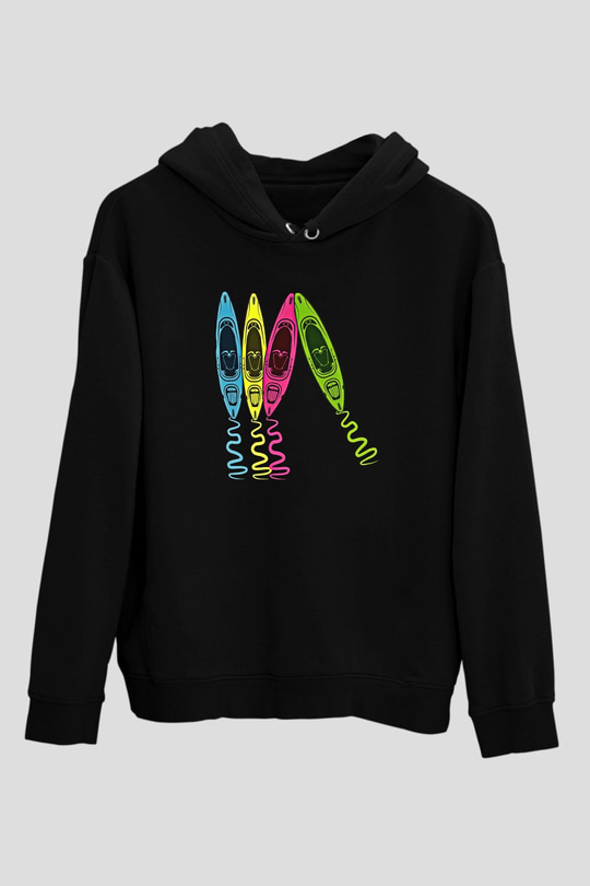 Kürek - Paddle Boarding Baskılı Unisex Siyah Kapüşonlu Sweatshirt