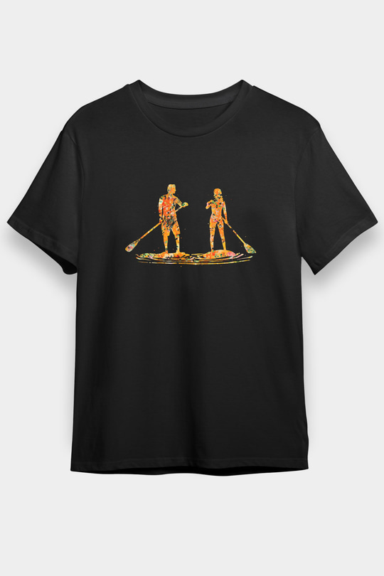 Kürek - Paddle Boarding Baskılı Unisex Siyah Tişört - Tshirt