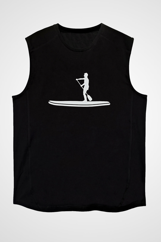 Kürek - Paddle Boarding Baskılı Unisex Siyah Kolsuz Tişört