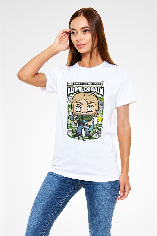 Kurt Cobain Baskılı Unisex Beyaz Tişört