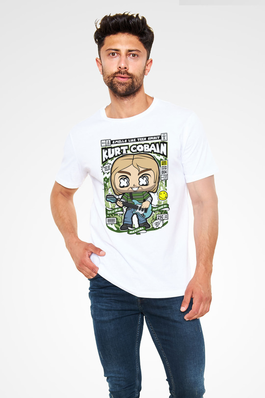 Kurt Cobain Baskılı Unisex Beyaz Tişört