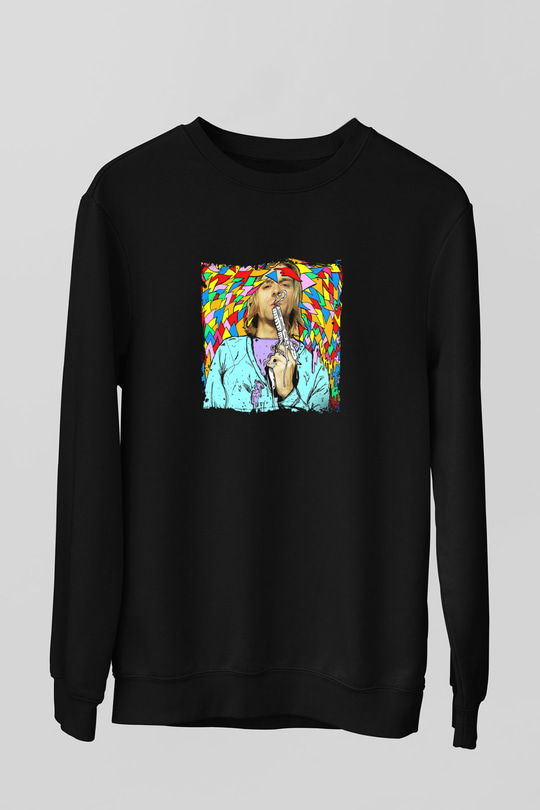 Kurt Cobain Baskılı Unisex Siyah Sweatshirt