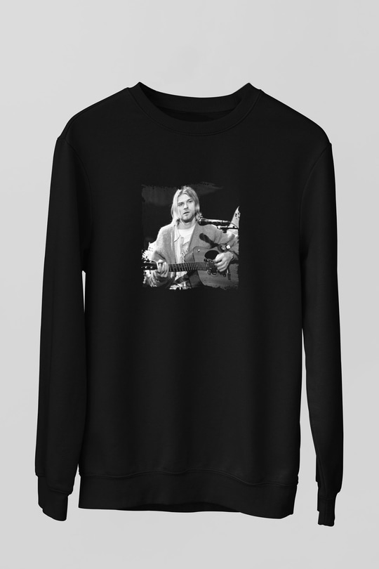 Kurt Cobain Baskılı Unisex Siyah Sweatshirt