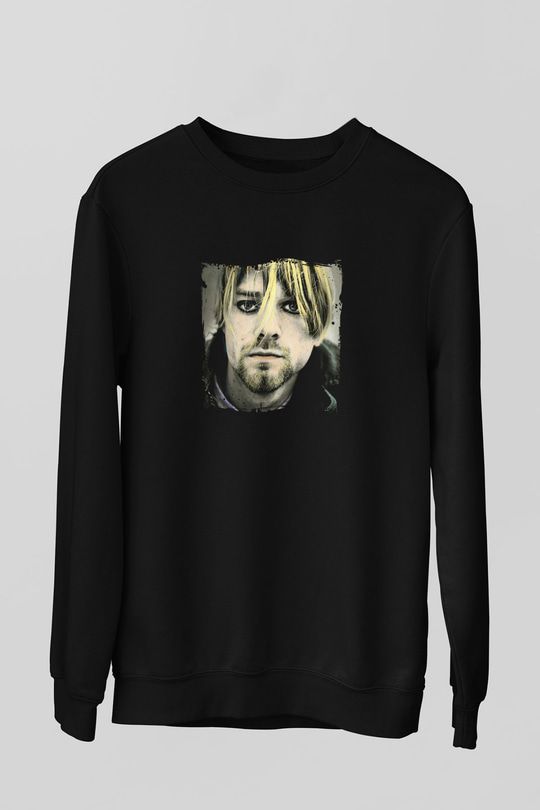 Kurt Cobain Baskılı Unisex Siyah Sweatshirt