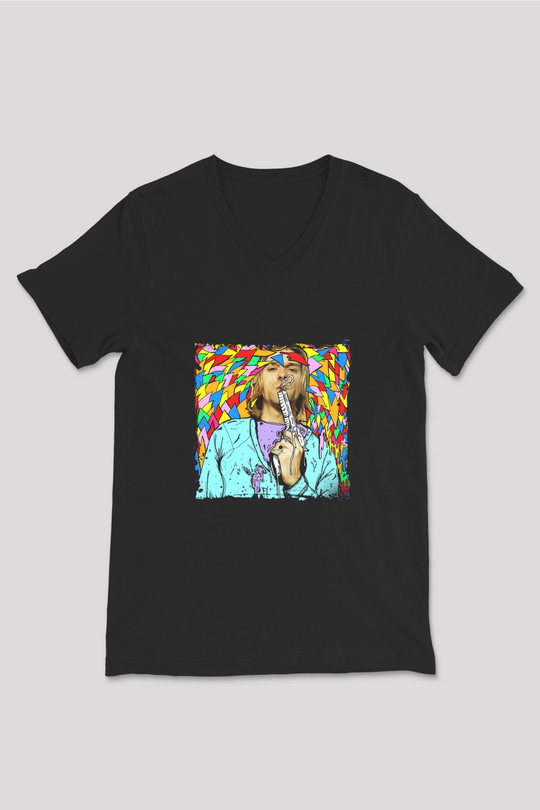Kurt Cobain Baskılı Unisex Siyah V Yaka Tişört