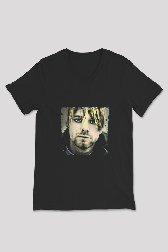 Kurt Cobain Baskılı Unisex Siyah V Yaka Tişört