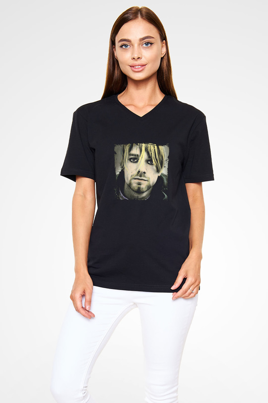 Kurt Cobain Baskılı Unisex Siyah V Yaka Tişört
