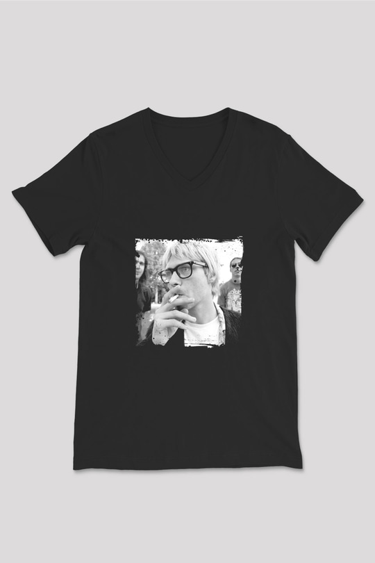 Kurt Cobain Baskılı Unisex Siyah V Yaka Tişört