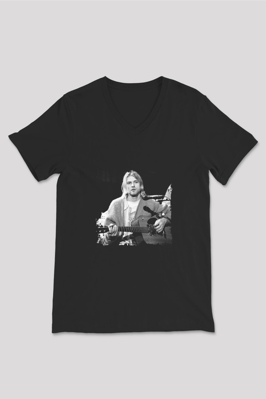 Kurt Cobain Baskılı Unisex Siyah V Yaka Tişört