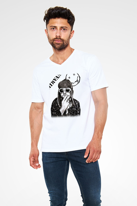 Kurt Cobain Beyaz Unisex V Yaka Tişört T-Shirt