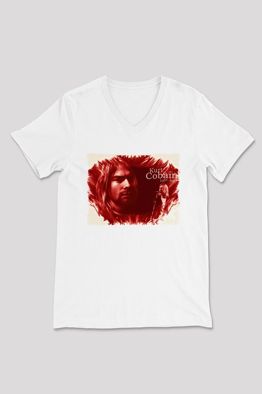 Kurt Cobain Beyaz Unisex V Yaka Tişört