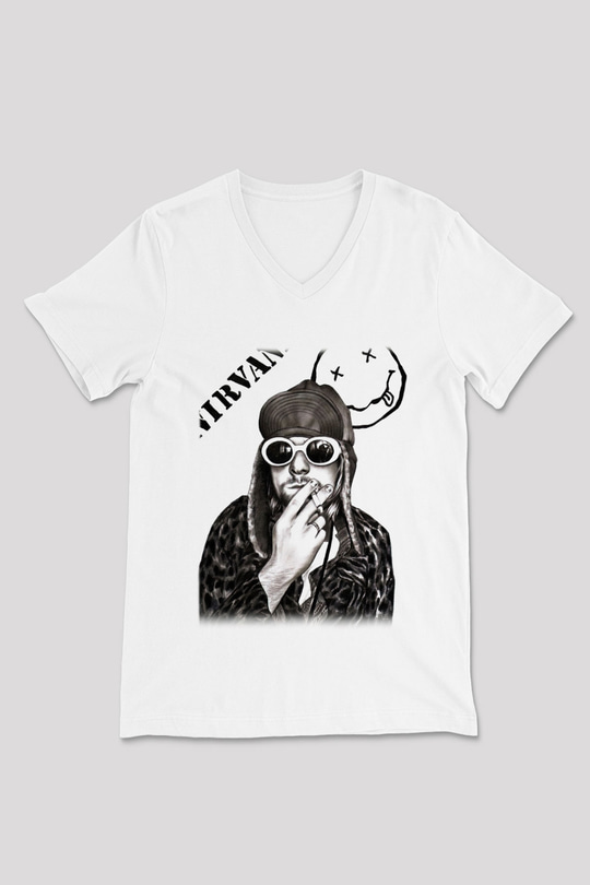 Kurt Cobain Beyaz Unisex V Yaka Tişört T-Shirt