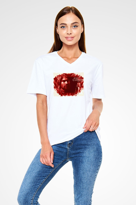 Kurt Cobain Beyaz Unisex V Yaka Tişört