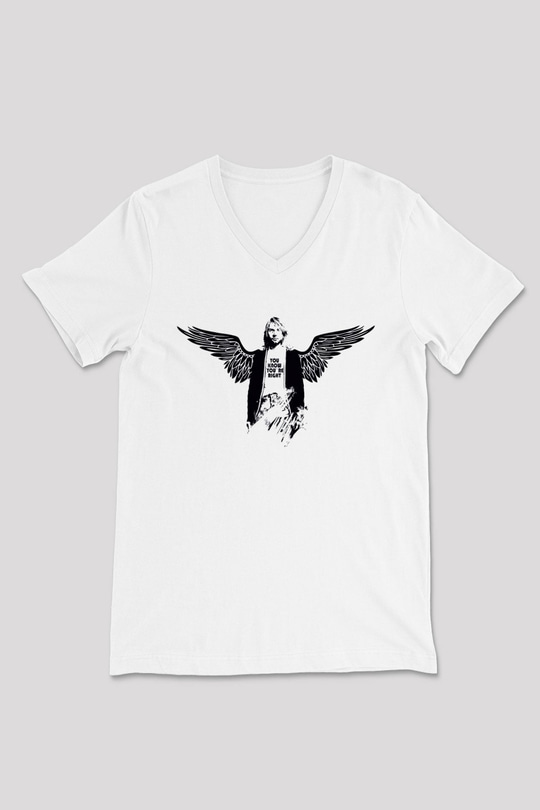 Kurt Cobain Beyaz Unisex V Yaka Tişört T-Shirt