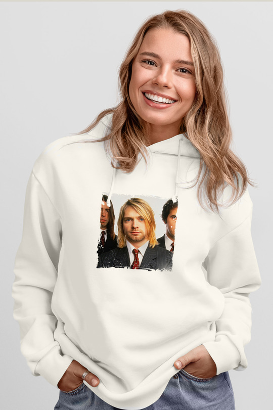 Kurt Cobain Unisex Baskılı Beyaz Kapüşonlu Sweatshirt