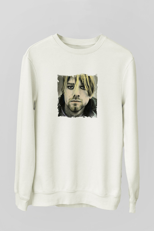 Kurt Cobain Unisex Baskılı Beyaz Sweatshirt