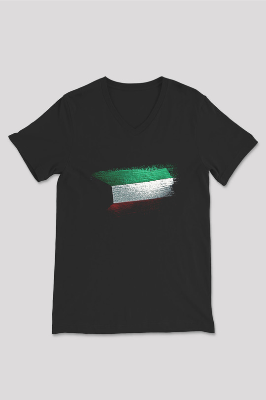 Kuveyt - Kuwait Bayrağı Baskılı Unisex Siyah V Yaka Tişört