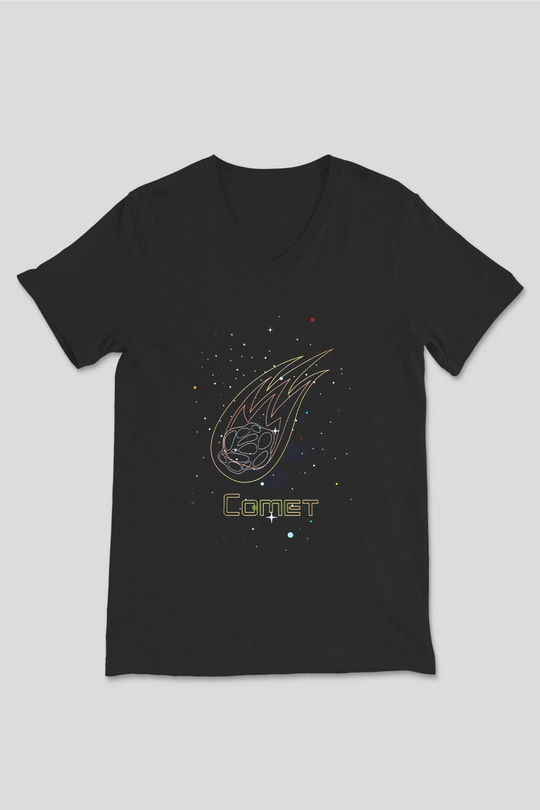 Kuyruklu Yıldız Baskılı Unisex V Yaka Siyah Tİşört - Tshirt