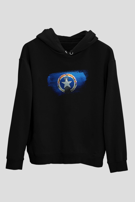Kuzey Mariana Adaları - Northern Mariana Islands Bayrağı Baskılı Unisex Siyah Kapüşonlu Sweatshirt