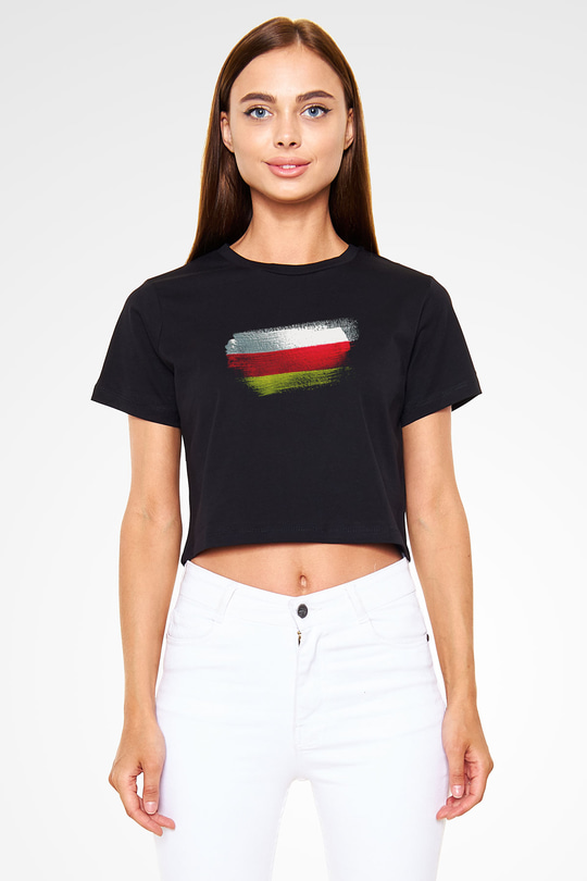 Kuzey Osetya Alanya - North Ossetia–Alania Bayrağı Baskılı Kadın Crop Top Siyah Tişört