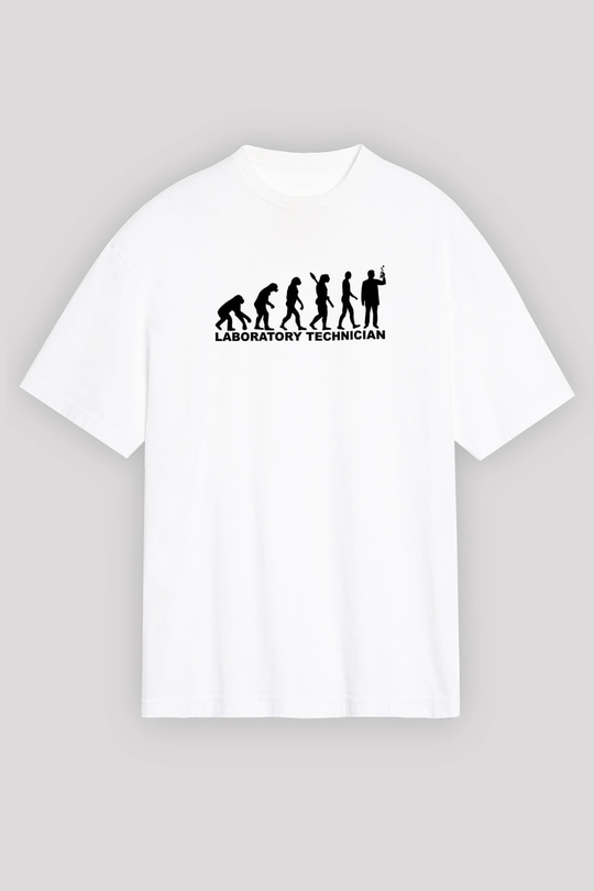 Laborant Evrimi Baskılı Unisex Oversize Beyaz Tişört - Tshirt