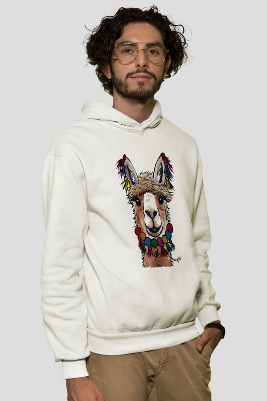 Lama Beyaz Unisex Kapşonlu Sweatshirt