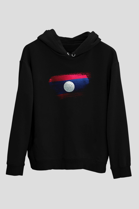 Laos Bayrağı Baskılı Unisex Siyah Kapüşonlu Sweatshirt