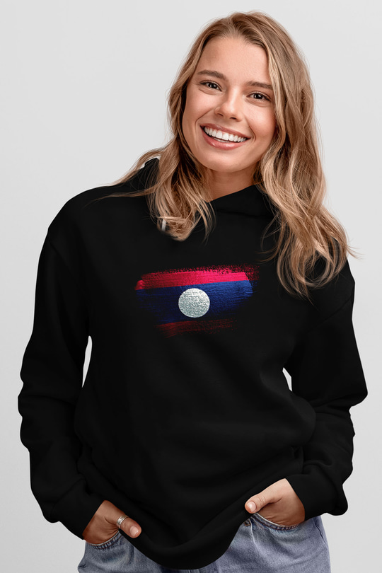 Laos Bayrağı Baskılı Unisex Siyah Kapüşonlu Sweatshirt