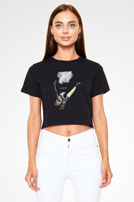 Lebron James Baskılı Siyah Crop Top Kadın Tişört - Tshirt