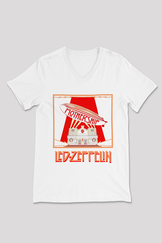 Led Zeppelin Beyaz Unisex V Yaka Tişört T-Shirt