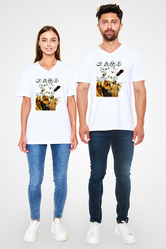 Led Zeppelin Beyaz Unisex V Yaka Tişört T-Shirt