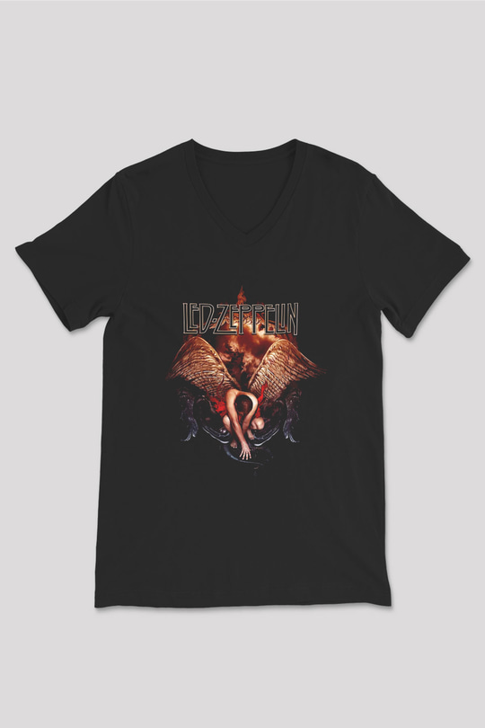 Led Zeppelin Siyah Unisex V Yaka Tişört T-Shirt