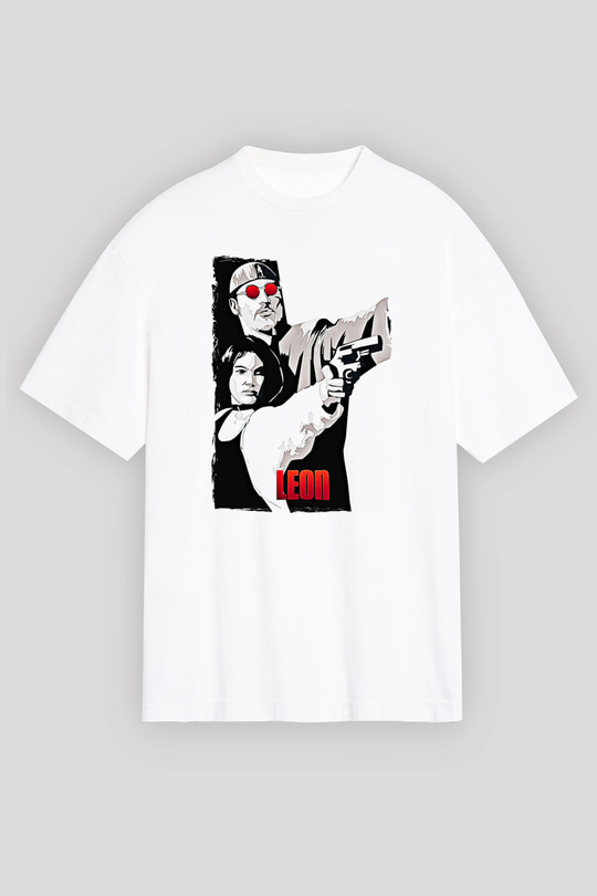 Leon Baskılı Beyaz Unisex Oversize Tişört - Tshirt