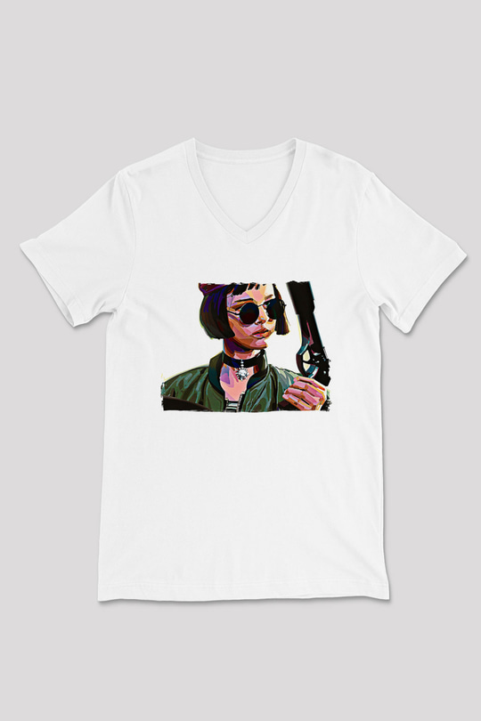 Leon Baskılı Beyaz Unisex V Yaka Tişört - Tshirt