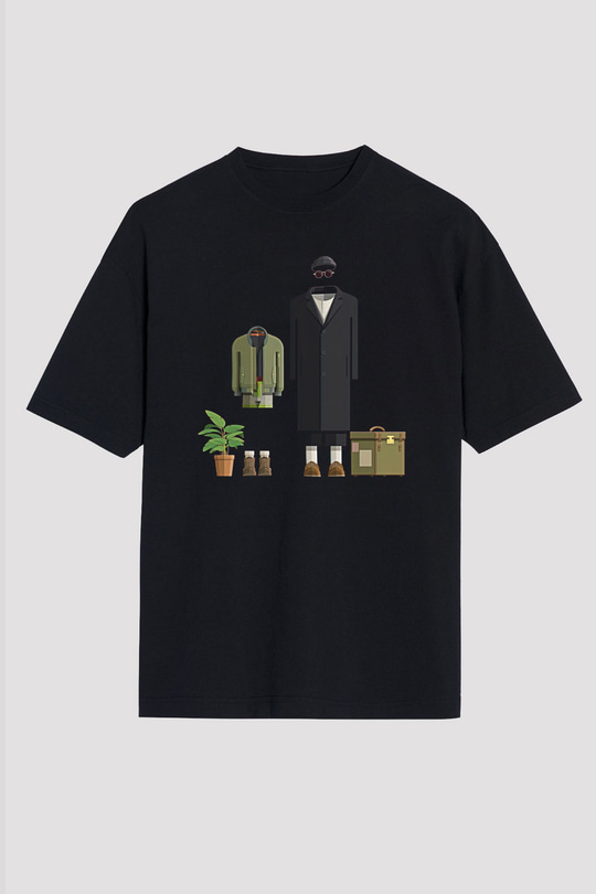 Leon Baskılı Unisex Siyah Oversize Tişört - Tshirt
