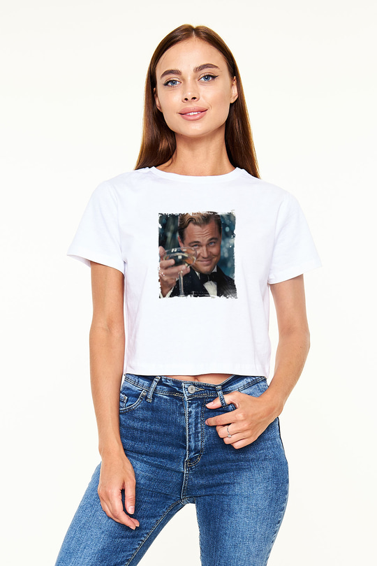 Leonardo DiCaprio Baskılı Beyaz Kadın Crop Top Tişört
